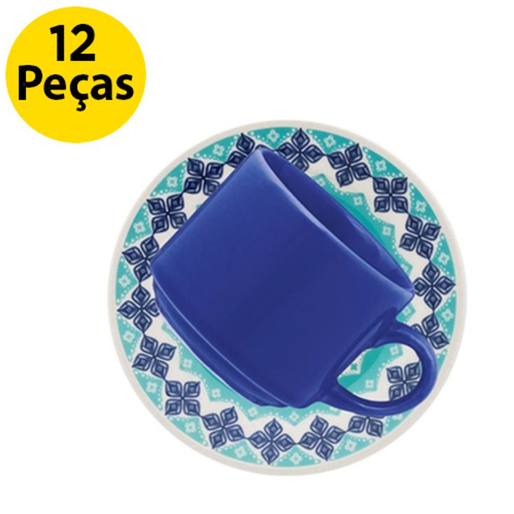 Jogo De Xícara De Chá New Trama Blue Biona 12 Pçs - Cerâmica